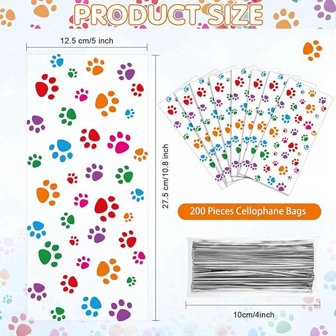 Blulu 200 Pcs Dog Treat Bags Pet Paw Cellophane Bags Dog Party Favor Heat Sealable Treat Paw Gift Cat Candy Bag with 200 Pcs Silver Twist Ties for Pet Party Favors(Colorful)