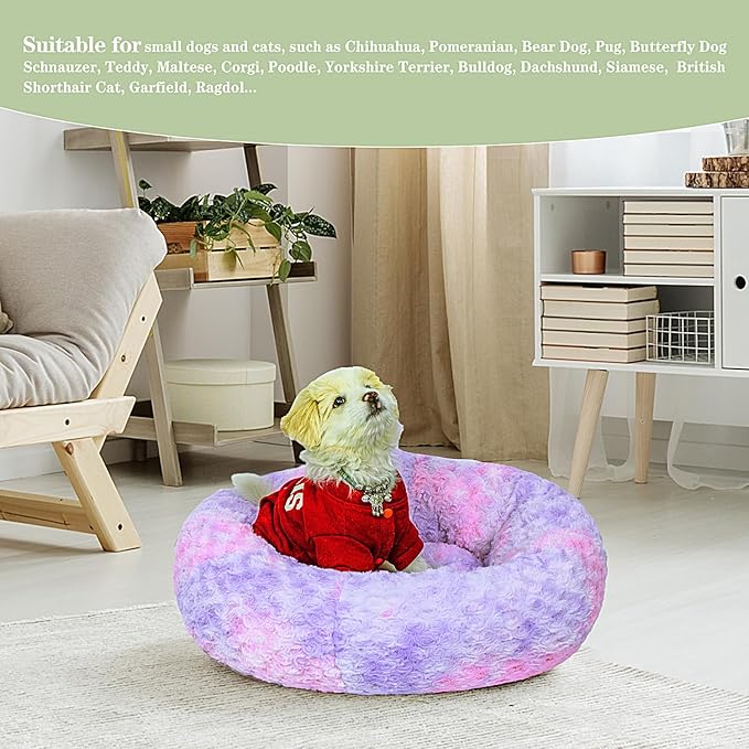 Calming Dog Bed for Small Dogs Cats, Kitty Puppy 23'' Round Anti-Anxiety Warm Fluffy Plush Faux Fur Bed, Soft Anti-Slip Donut Washable Small Pet Bed, Cozy Cat Puppy Bed, Fits up to 30 lbs Pets