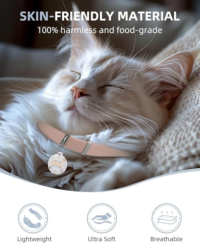 Cat Collar with QR Code Name Tag, Stretch Elastic Quick Release, Cat ID Tag Personalized, Ultra-Durable, Non Breakaway Lightweight Kitten Collar Fits Most Girl Boy Small Large Cats (Khaki)