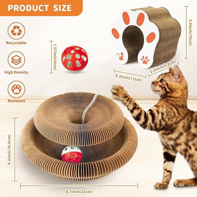 Collapsible Cats Cardboard Scratcher, Interactive Cat Toys for Indoor Cats, Scratch Pad Shape Shifting Ball Track with Bell, Magic Organ Cat Toy for Chase & Scratch Paw Toys for Kitties Paw