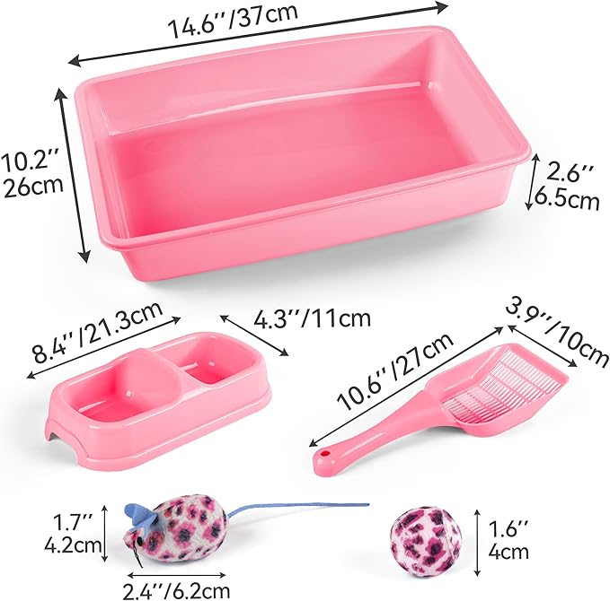 PAWISE Small Cat Litter Box Kit for Kittens – 5‑Piece Kit with Low Entry Litter Pan, Scooper, Feeding Bowls & Mouse Toy – Cat Starter Set for New Kitty Home, Pink