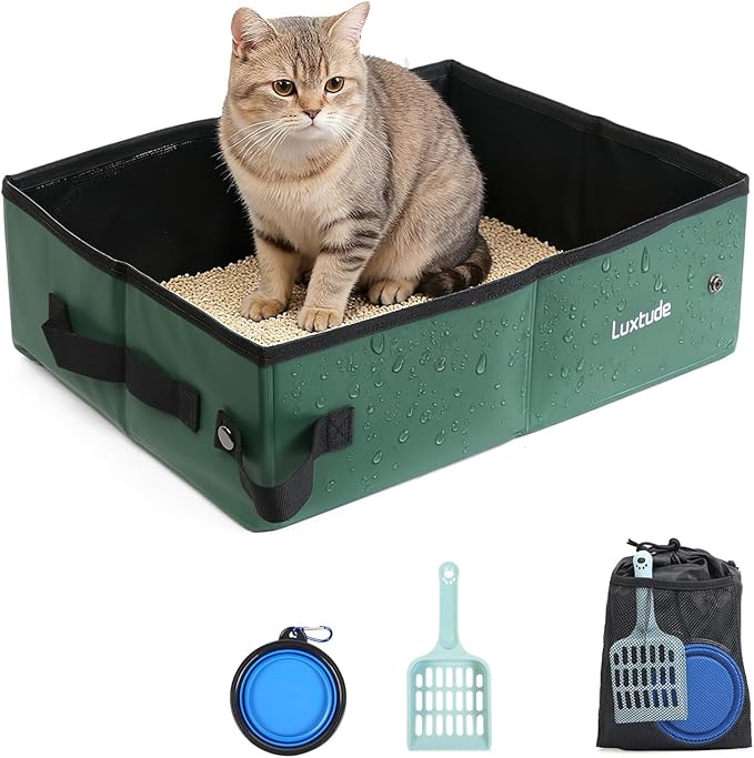 Luxtude Portable Litter Box for Cats, Collapsible Travel Litter Box for Cats in Car, No Smell, Waterproof and Easy Clean, No Leakage for Car, Hotel (Green, Medium)