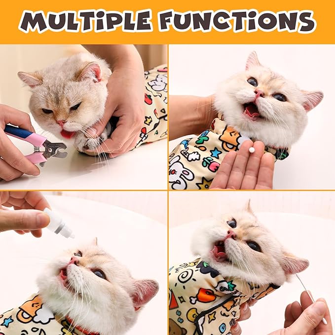 Cat Grooming Wrap, Self-Adherent Soft Cat Blanket to Wrap, Nail Clipping, Anti-Bite, Anti-Scratch, Anti-Escape Calming Wrap (Cute Prints, 3-6 lbs)