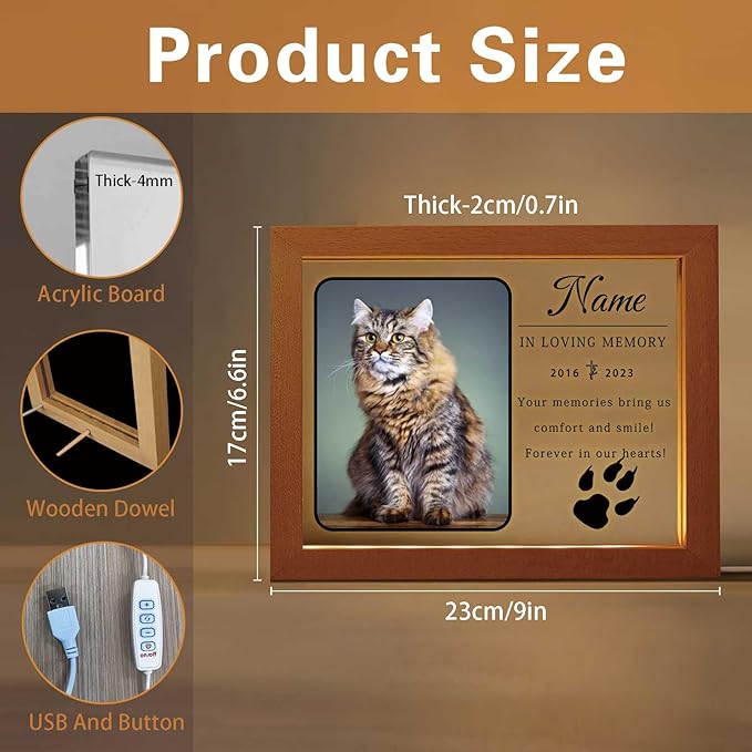 Personalized Cat Memorial Gift Night Light Customized Light Up Picture Frame Acrylic Led Plaque Lamp Pet Sympathy Remembrance Gift(Cat Paw)