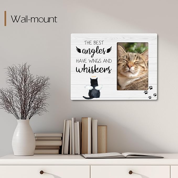 Cat Memorial Gifts for Loss of Cat, Angels Have Wings And Whiskers, Pet Memorial Wooden Picture Frame Sympathy Gifts, Fits 4x6 Photo Frame