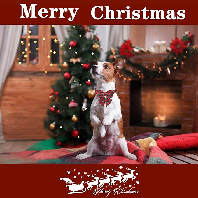 Unique style paws Christmas Dog Collar with Bow Tie Scottish Plaid Puppy Collar for Small Medium Large Dogs as Holiday Autumn Winter Gifts-M