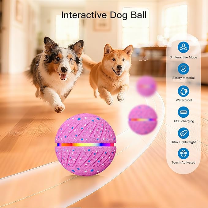 Interactive Dog Toys: Self Rolling & Bouncing Ball to Keep Them Busy, 3 Modes, Type-C Fast Charging, Durable E-TPU & IP54 Waterproof - Best for Small/Medium Breeds & Puppies (Pink, Medium)