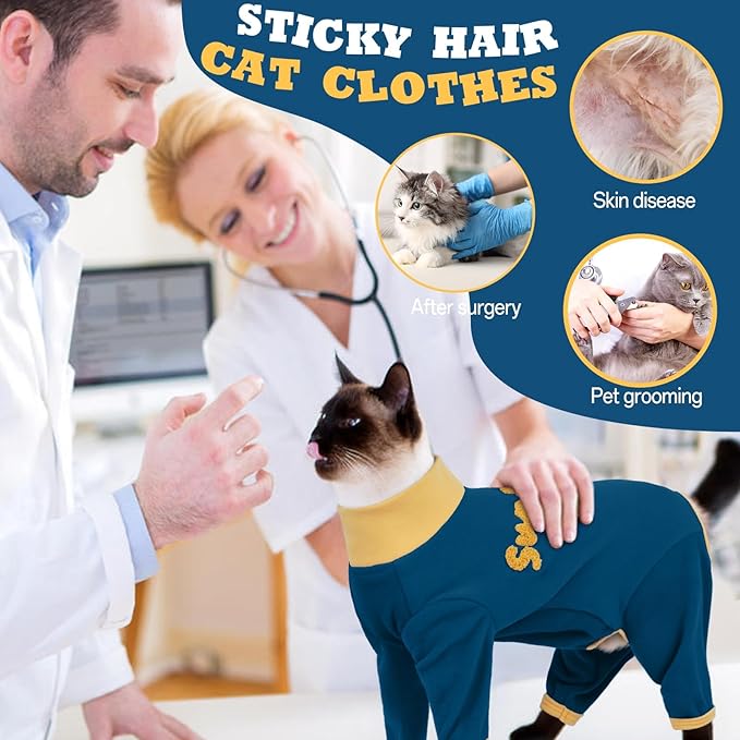 T'CHAQUE Sticky Hair Cat Onesie Pajamas, Soft Long Sleeve Cat Clothes, Anti-Shedding, Surgery Recovery Suit, Wound Protection & Preventing Licking, Kitten Sweaters for Male & Female-XL