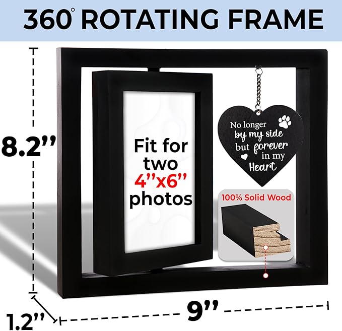 Pet Memorial Gifts Rotating 4x6 Picture Frame Wooden Black Dog Cat Remembrance Keepsake Pet Fur Jar Rainbow Bridge No Longer By My Side Heart Tag Pet In Loving Sympathy Keychain Loss Gift PR-6B