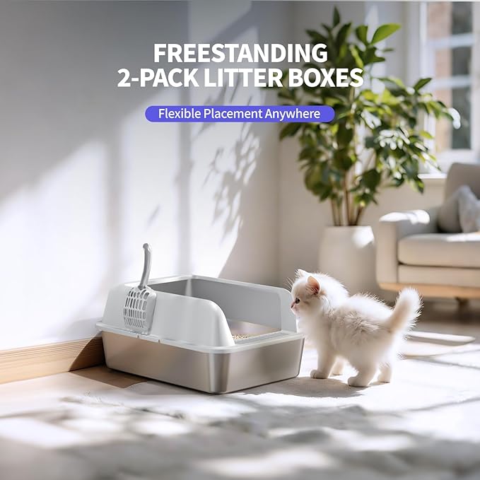 2 Pack Stainless Steel Cat Litter Box for Kitty with Lid, High Sides Metal Litter Pan for Small & Multiple Cats, Odor Control, Easy to Clean, Non-Sticky, Scoops Included