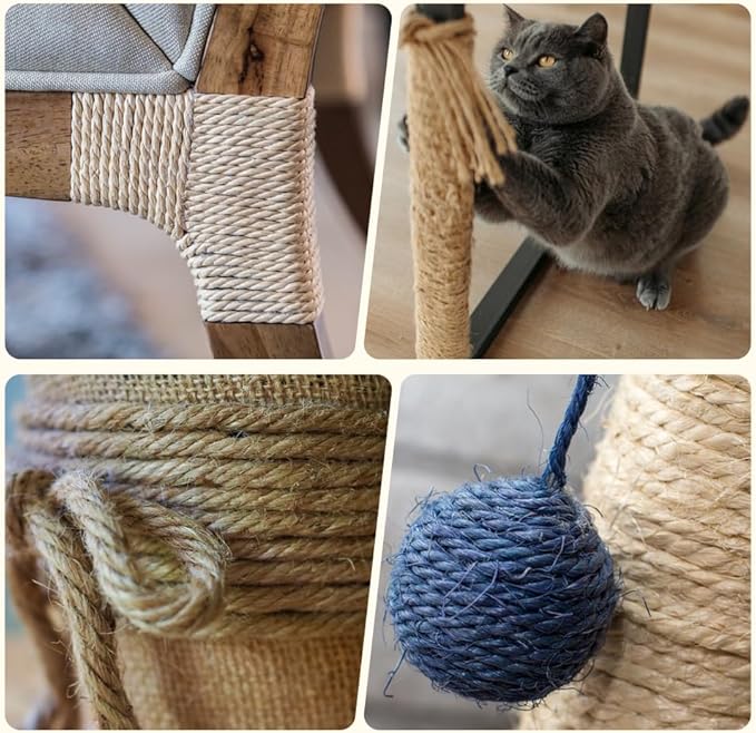 Natural Sisal Rope for Cat Scratcher Replacement, Durable Cat Tree Post Repair Cord for DIY Projects, Climbing Towers, Furniture Protection, Scratch Pad, Crafts, Garden, and Home Décor Use
