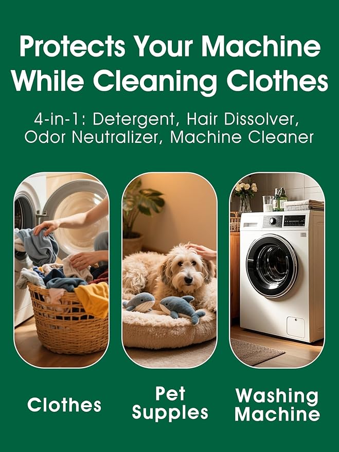 Pet Hair Remover for Laundry - Dog & Cat, Upgraded Higher Hair Dissolution, Detergent + Stain Remover, 6-Month Supply, HE/Top/Front-Load Compatible, Removes Residue & Odors, Septic Safe