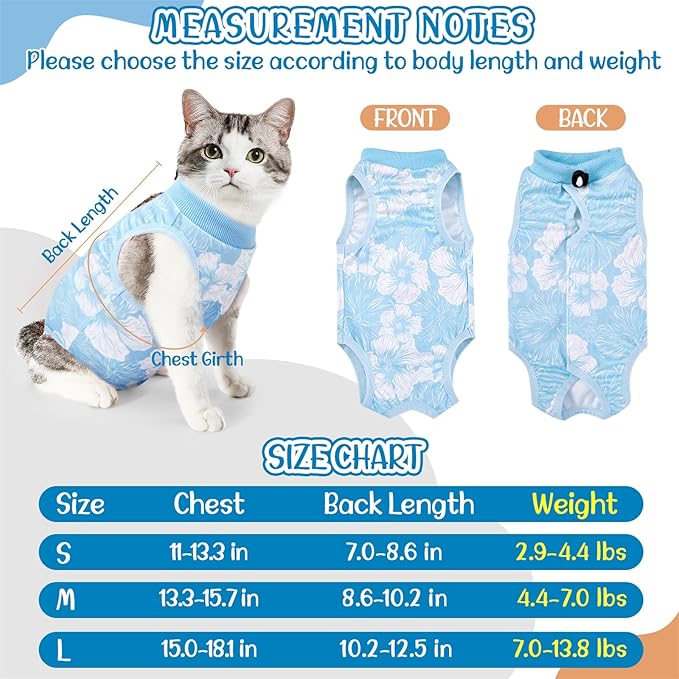 SlowTon Cat Recovery Suit - Cat Onesie for Cats After Surgery Female Male, Kitten Clothes Cats Surgical Spay Suit Abdominal Wounds, E-Collar Alternative Bodysuit Shirt Anti-Licking (Blue Flower,L)