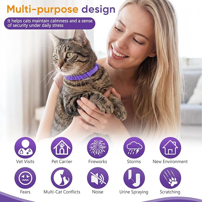 Cat Calming Collar, 6-Pack Pheromone Collars for Cats – Adjustable 15″, Up to 4 Weeks Lasting Stress & Anxiety Relief, Helps Reduce Noise Fear, Scratching & Separation Anxiety（Pruple）