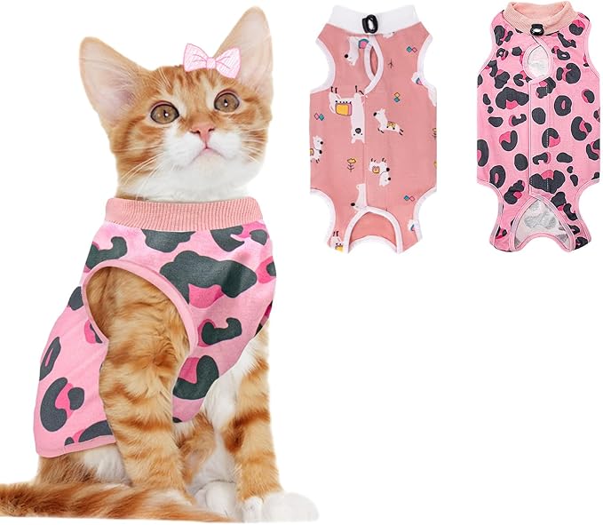 Coppthinktu 2 PCS Cat Recovery Suit Female Cat Onesie for Cats After Surgery Spay Abdominal Wounds, Kitten Recovery Suit Female Breathable E-Collar Alternative Kitten Onesie Anti Licking Large