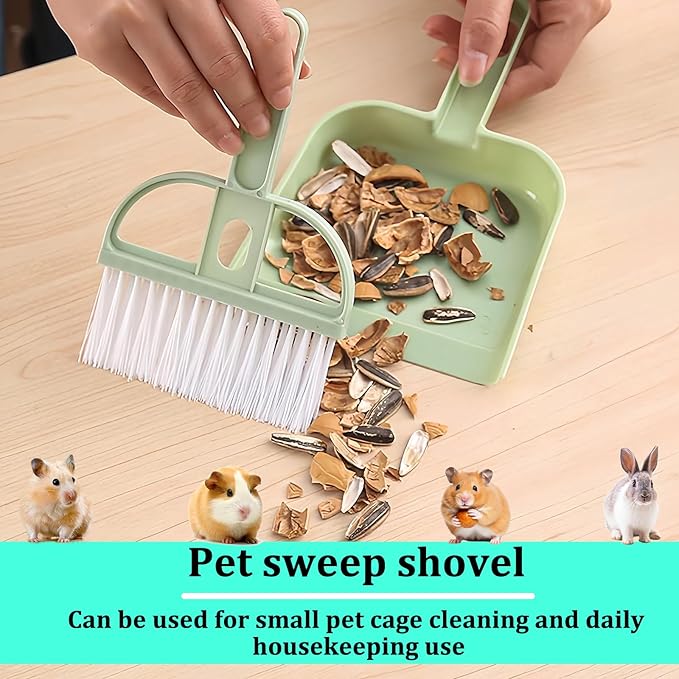 Mini Dustpan and Brush Set, Portable Exquisite Pet Waste Cleaning Kit, Hamster Sand Scooper Cage Cleaning Tool for Small Pets Guinea Pigs Hedgehogs Hamsters Chinchillas Rabbits (Green)