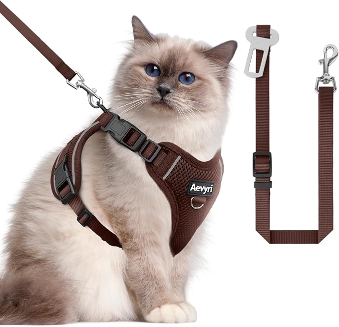 Cat Harness and Leash Set - Escape Proof Adjustable Cat Harness, Comfortable Soft Lightweight, Use Safe & Easy, Walking Travel Kitten Harness for Small Medium Large Cats, Brown, L