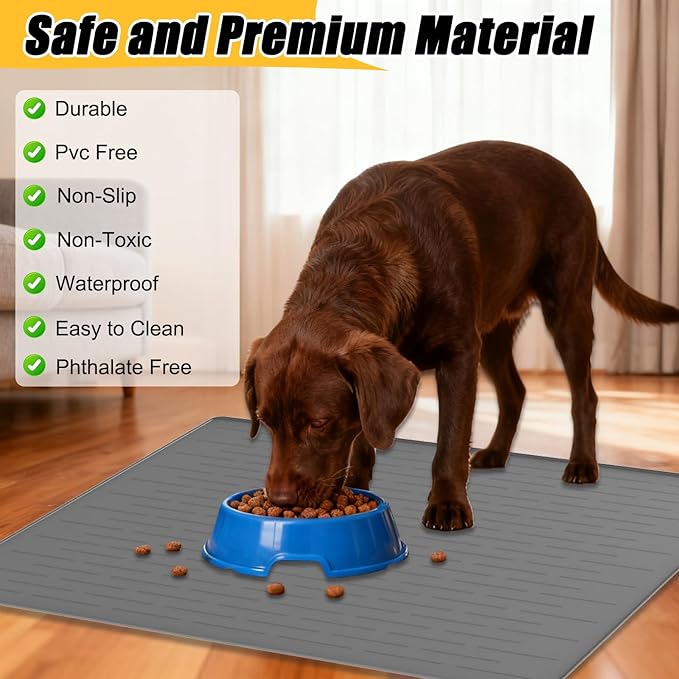 1.5MM Super Thick Dog Food Mat, 48"x32" Silicone Dog and Cat Mats for Food and Water Bowls, Waterproof Pet Feeding Mat for Contain Spills Protects Floors, Multiple Colors & Sizes for Pets, Black