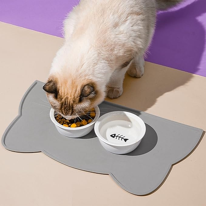 Cat Food Mat, Silicone Non Slip Dog Bowl Mat Waterproof Cat Feeding Mat Stop Food Spills and Water Messes Out to Floor Pet Food Mat (Dark Gray, 20" x 12")