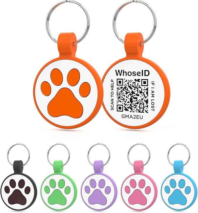 WhoseID QR Code Cat Tag, Modifiable Pet Online Profile Display Page, Multiple Emergency Contact, Silicone, No Jinging, Collar Accessories, Personalized Cat Tag (Small Breeds - 1", Orange)