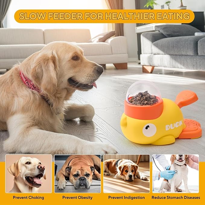 Duck Dog Treat Dispenser Toy - Anti-Slip Interactive Slow Puzzle Feeder for Dogs & Cats - 3 Challenge Lids for IQ Training, Mental Enrichment for Small, Medium & Large Dogs