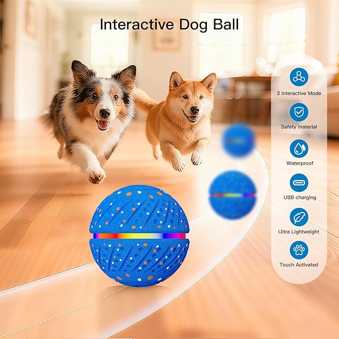 Interactive Dog Toys: Self Rolling & Bouncing Ball to Keep Them Busy, 3 Modes, Type-C Fast Charging, Durable E-TPU & IP54 Waterproof - Best for Small/Medium Breeds & Puppies (Blue, Medium)