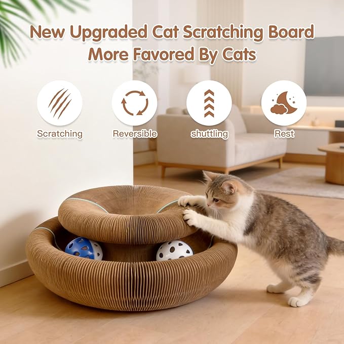 2Pack Extensible Large Magic Organ Cat Scratcher Toy | Upgraded Durable Cardboard Scratching Board with Bell Ball, Interactive Enrichment Toy for Indoor Cats & Kittens