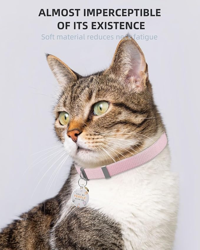 Cat Collar with QR Code Name Tag, Stretch Elastic Quick Release, Cat ID Tag Personalized, Ultra-Durable, Non Breakaway Lightweight Kitten Collar Fits Most Girl Boy Small Large Cats (Pink)