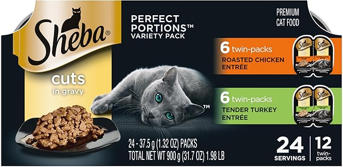 Sheba Perfect Portions Wet Cat Food Cuts in Gravy, Cat Food Wet Recipe, Roasted Chicken Entree and Turkey Entree, Variety Pack, 2.6 oz. Twin-Pack Trays (12 Count, 24 Servings)