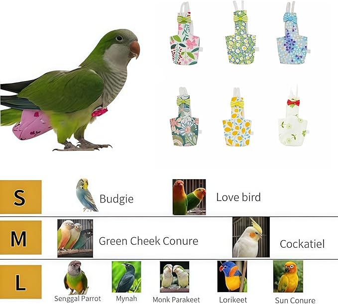 6-Piece Bird Diaper Set for Parrots, Reusable Protective Flight Suits with Waterproof Inner Layer, Washable Urine Wet Suit for Cockatiel, Parakeet, Budgie, and Small Birds(S)