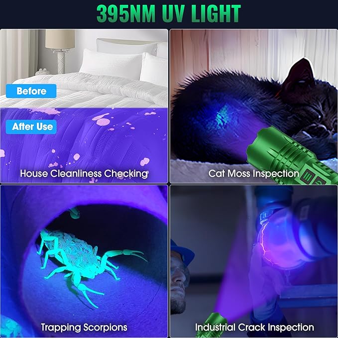 AdamStar UV&High Lumens Flashlight Rechargeable, 2-in-1 Powerful Blacklight LED Flashlight Tactical 6 Modes Super Bright Waterproof Zoomable Detector for Pet Urine Curing Resin Camping