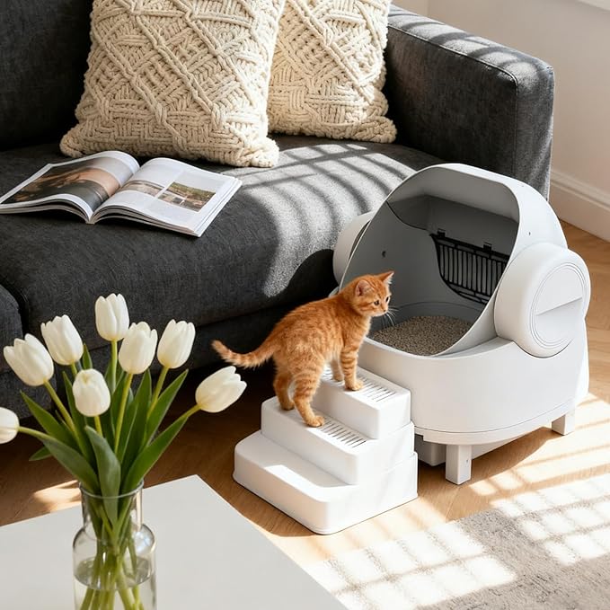 Adjustable 3 Steps Litter Box Ramp, Cat Ramp for Litter Box with Litter Trapper, Litter Box Step for Small & Elderly Cats, Fits Automatic Litter Boxes (White)