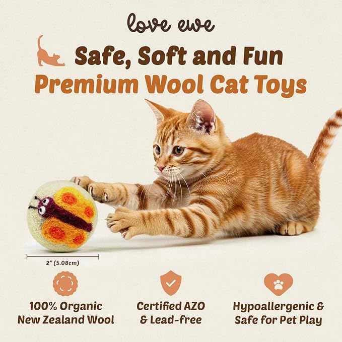 Hustle & Blush Love Ewe Felted Cat Toys 3 Pack - 2 Inch Dragonfly & Butterfly Hand Made Cute & Fun Design Kitten Wool Felt Balls for Indoor Play & Exercise - 100% New Zealand Handmade Felted Balls