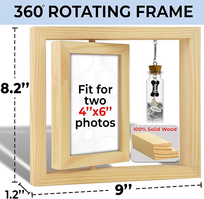 Pet Memorial Gift for Dogs Cats, Natural 360 Rotating Wooden Picture Frame 4x6 Photo, Pet Hair Keepsake Fur Jar Rainbow Bridge , No Longer By My Side But Forever in My Heart, Animal Loss Gift PR-3N