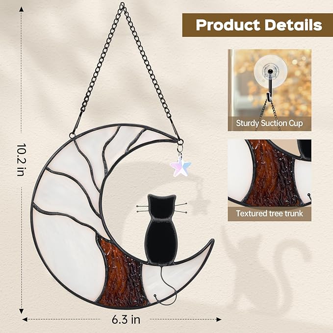 Cat Memorial Suncatcher, Handmade Stained Glass Window Haninging Suncatcher, Pet Memorial Gift for Cat Loss, Sympathy Gift with Moon & Tree of Life for Pet Lovers