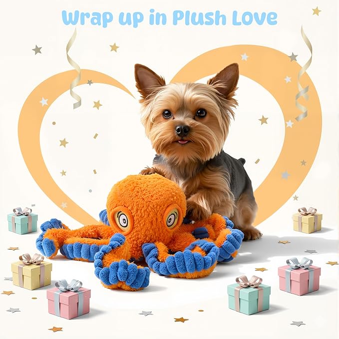 Squeaky Dog Toy for Puppy Teething, Plush Octopus Dog Toy, Puppy Chewing Toy, Soft Stuffed Chew Toys for Small Dogs Training and Keep Them Busy, Orange
