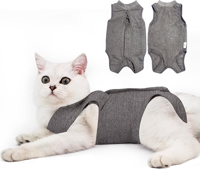 DOTON Cat Recovery Suit for Male and Female Surgical Post Surgery Soft Cone Onesie Shirt Clothes Neuter Licking Protective Diapers Outfit Cover Kitten Spay Collar(M, Grey)