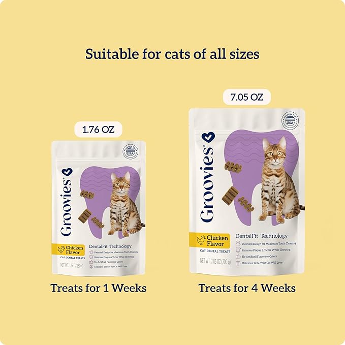 Groovies Cat Daily Dental Treats. Tasty, Crunchy Bites Cats Love. Powered by USA-Patented DentalFit Tech. No Gluten or Artificial Flavors or Colors. 1.76oz Each bag- (2 pack) of (1)Chicken & (1)Salmon