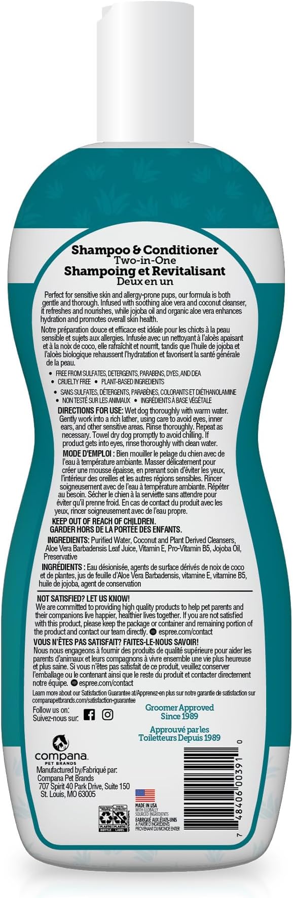 Espree Hypoallergenic Dog Shampoo & Conditioner, Tearless Formula with Aloe Vera, Sulfate-Free, Paraben-Free, Harsh Chemical and Dye-Free, Safe for Sensitive Skin, 20oz