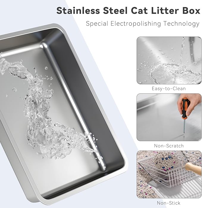 Stainless Steel Cat Litter Box with Lid, 24" L x 16" W x 12" H, Extra Large Enclosed Litter Box for Cats, High Sided Anti Leakage, Non-Stick, Includes Stainless Steel Scoop & Cat Mat