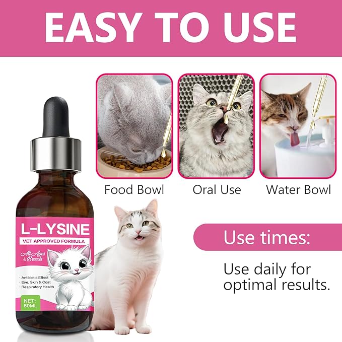 L-Lysine for Cats,Immune Support,Tasty Chicken Flavor L-Lysine Supplement for Daily Wellness & Vitality - 60ML with Dropper for Easy Dosing