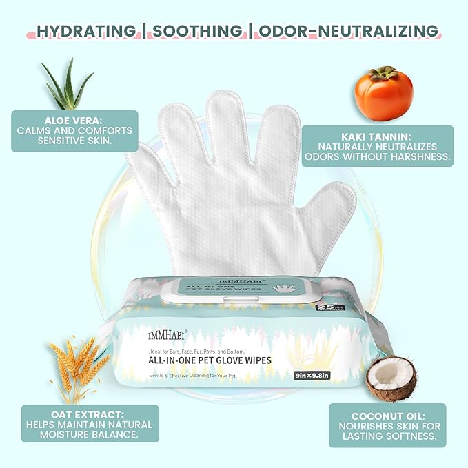 50 Pcs Cleaning Deodorizing Pet Glove Wipes for Dogs & Cats, Hypoallergenic Dog Bath Wipes with Natural Deodorizer Persimmon Tannin, Pet Bathing Wipes for Horse Coat Care Unscented
