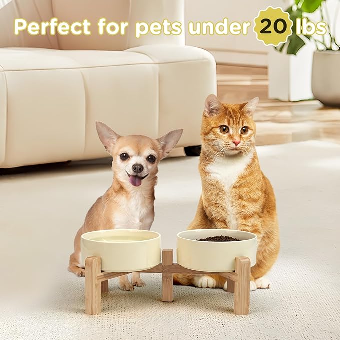 SPUNKYJUNKY Elevated Dog Bowls Ceramic, 5.1'' Dogs and Cat Food Water Bowls Raised with Non-Slip Bamboo Stand for Puppy Small Sized Breed Microwave Dishwasher Safe - 13.5 OZ,Beige