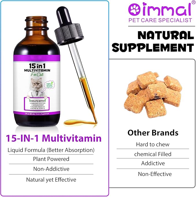 Cat Multivitamin Drops - 15 in 1 Vitamin Supplement for Immune Support, Heart, Bones, Joint, Skin & Coat Health, Bacon Flavor Vitamins for Senior Cats & Kittens (2 Pack, for cat)