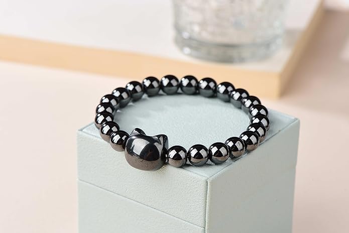 Black Obsidian Cat Bracelet and Moon Pendant Necklace Jewelry Set-Cat Lover Gifts,Wealth Attraction,Good Luck,Bead Bracelet,Mindfulness,Beaded Bracelets, Obsidian Pendant Necklace-Cute Gifts for Women