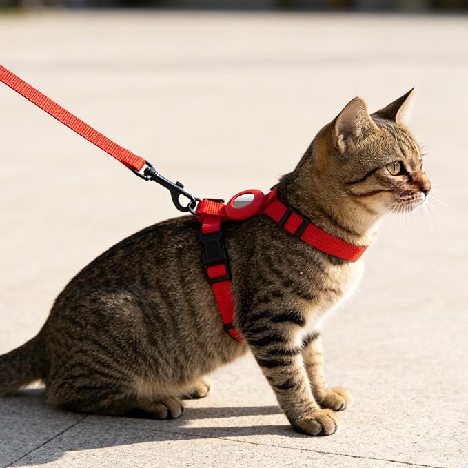 Cat Harness and Leash Set with Airtag Holder for Walking & Travelling, Escape Proof Cat Harness for Small Medium Large Kitten, Adjustable Lightweight Soft Cat Vests(Red)