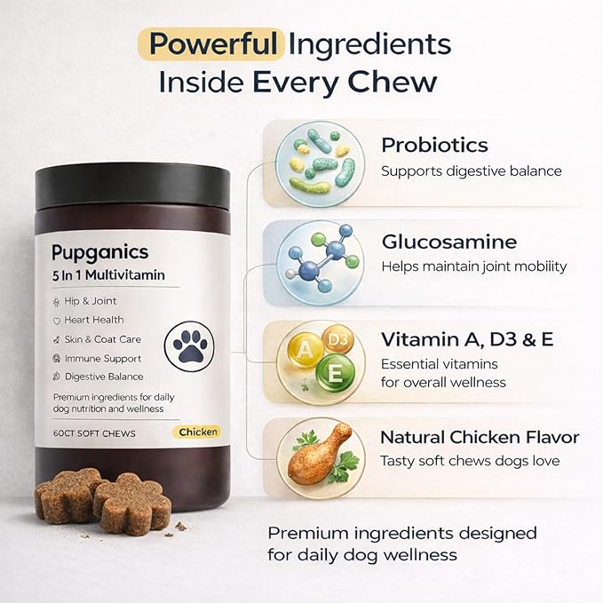 Pupganics Multivitamin Soft Chews for Dog, Dog Vitamins and Supplements for Immune System, Joint Support, Skin, Gut Health, with Probiotics, Glucosamine, Vitamin A/D3/E, Chicken Flavor, 60 Count (1)