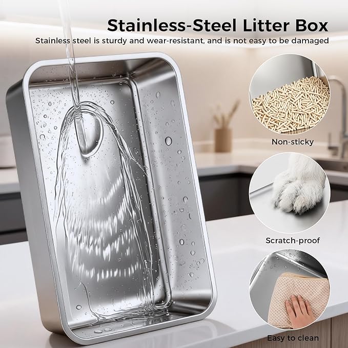 GTPLAYER Stainless Steel Cat Litter Box XL - Extra Large High-Sided Open-Top Metal Litter Box for Large & Multi-Cat Homes, Splash Guard, Low Entry, Easy Clean 304 Steel with Step, Mat & Scoop, Beige