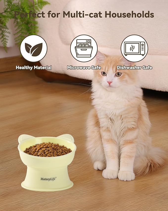 MateeyLife Raised Cat Bowls, Cat Food Bowl Elevated for Kittens & Small Dogs, 15°Tilted Protect Pets' Neck and Anti Vomiting, Whisker Friendly Food & Water Feeding Bowl, 6 oz Each - Yellow
