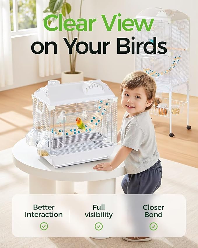 Clear View Bird Cage, Indoor & Travel Small Birdcage for Parakeet, Parrot, Budgies, Cockatiels, Canary |Easy Clean Safe Materials (Single Layer)